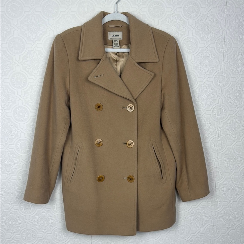 LL Bean Peacoat Tan Wool Nylon Double‎ Breasted Size 12 Cream Beige Coat Jacket
